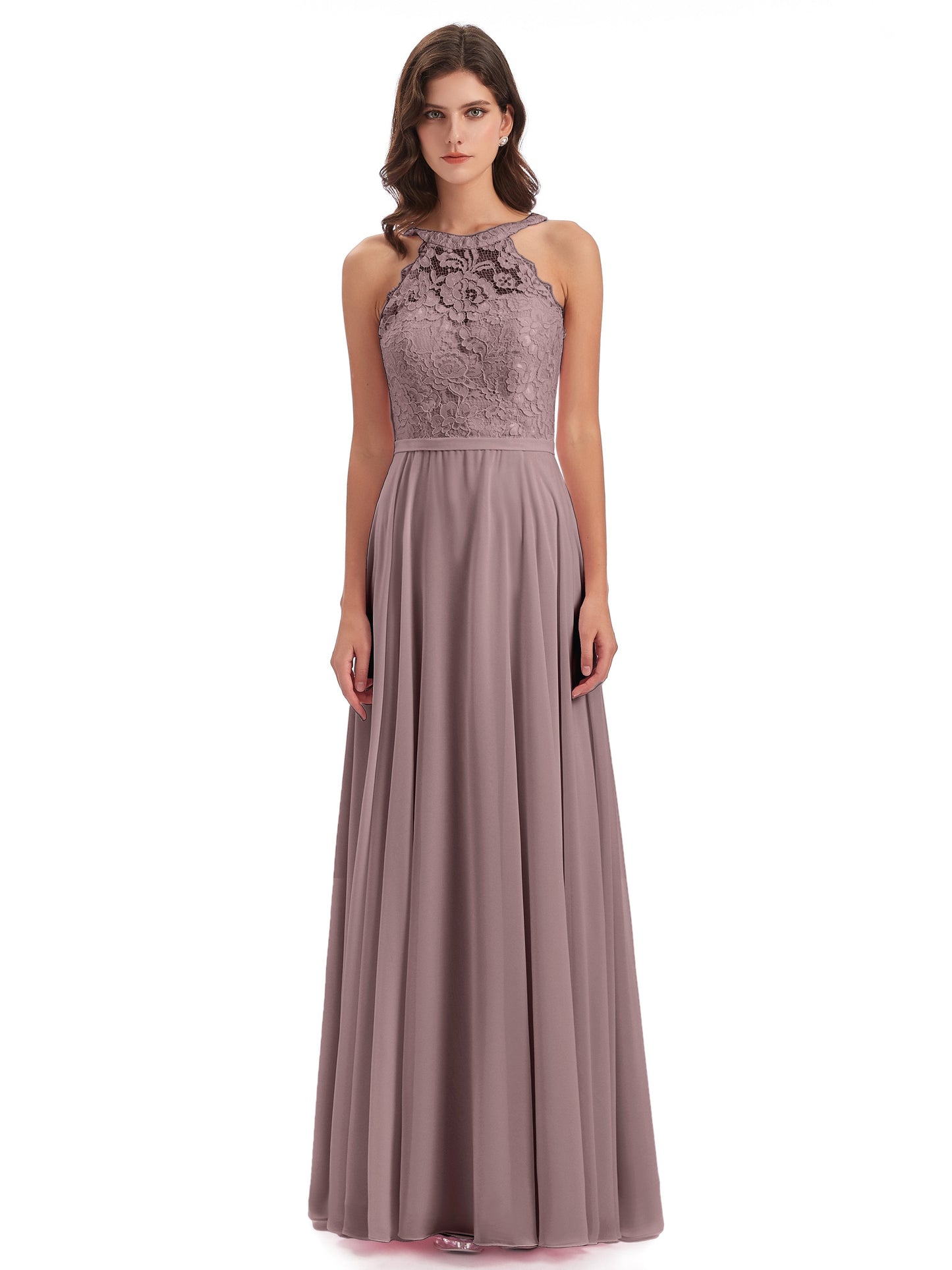 Avery Halter Illusion Lace Long Bridesmaid Dresses
