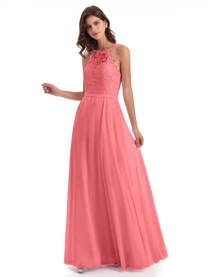 Avery Halter Illusion Lace Long Bridesmaid Dresses