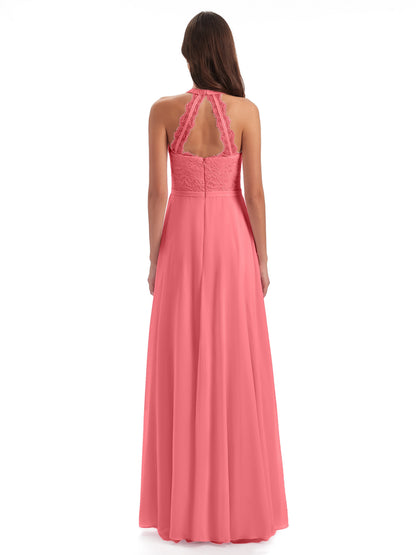 Avery Halter Illusion Lace Long Bridesmaid Dresses