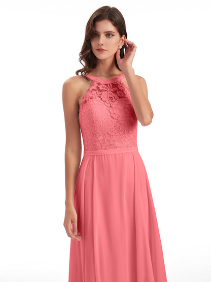Avery Halter Illusion Lace Long Bridesmaid Dresses