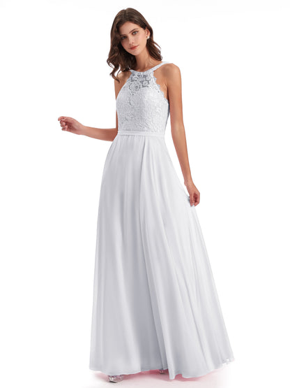 Avery Halter Illusion Lace Long Bridesmaid Dresses