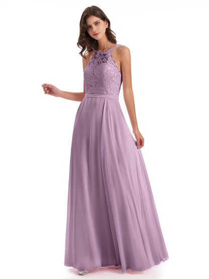 Avery Halter Illusion Lace Long Bridesmaid Dresses