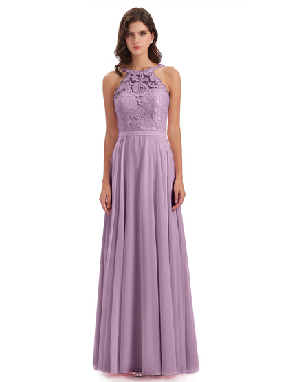 Avery Halter Illusion Lace Long Bridesmaid Dresses