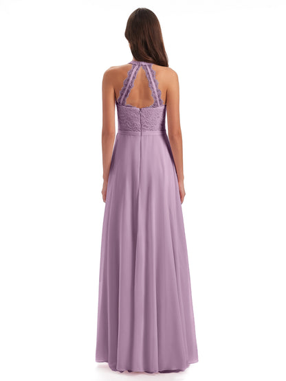 Avery Halter Illusion Lace Long Bridesmaid Dresses