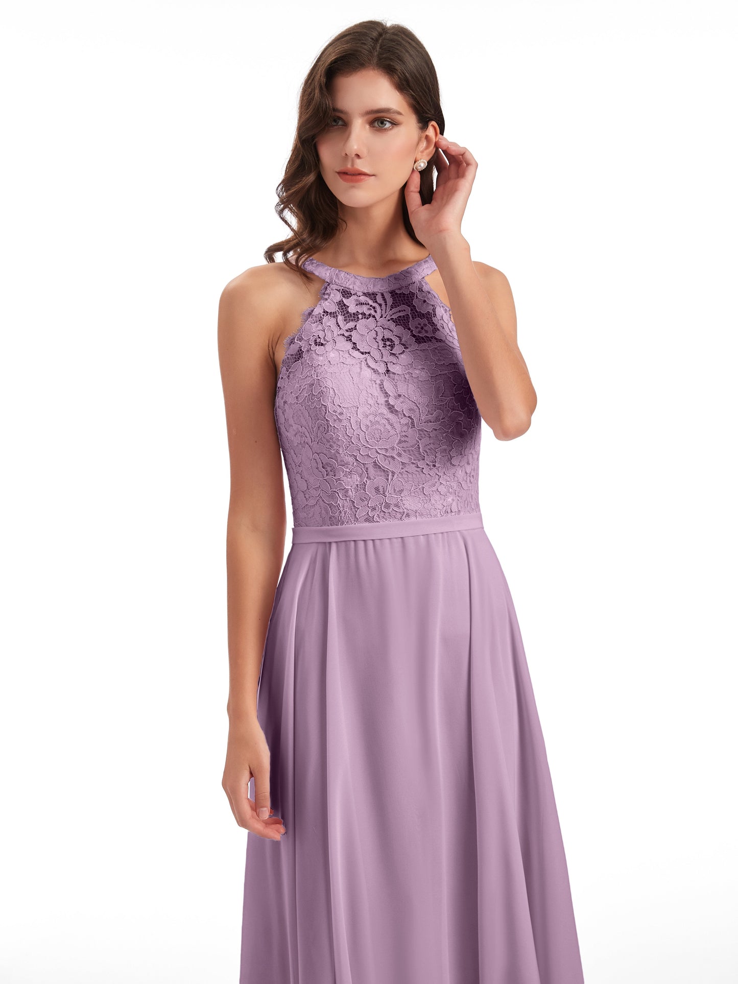 Avery Halter Illusion Lace Long Bridesmaid Dresses