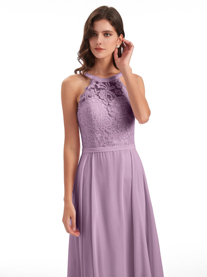 Avery Halter Illusion Lace Long Bridesmaid Dresses