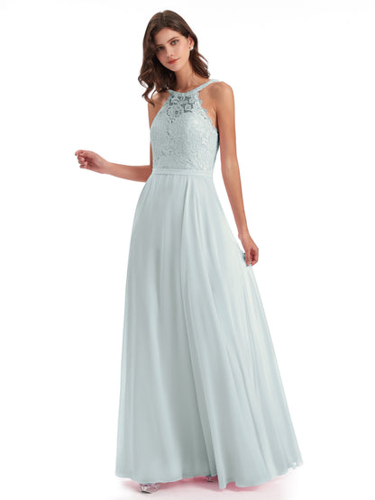 Avery Halter Illusion Lace Long Bridesmaid Dresses