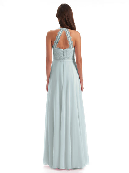 Avery Halter Illusion Lace Long Bridesmaid Dresses