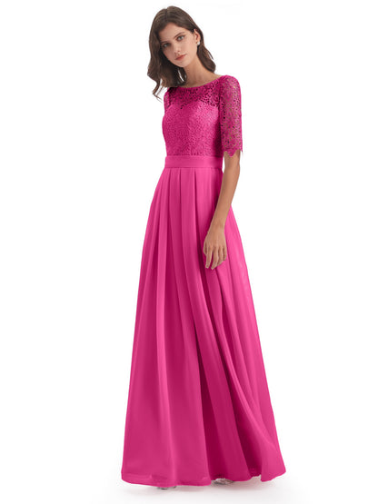 Brielle Illussion Neckline and Back Half Sleeves Scoop Lace Bridesmaid Dresses