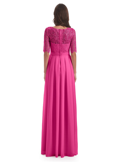 Brielle Illussion Neckline and Back Half Sleeves Scoop Lace Bridesmaid Dresses