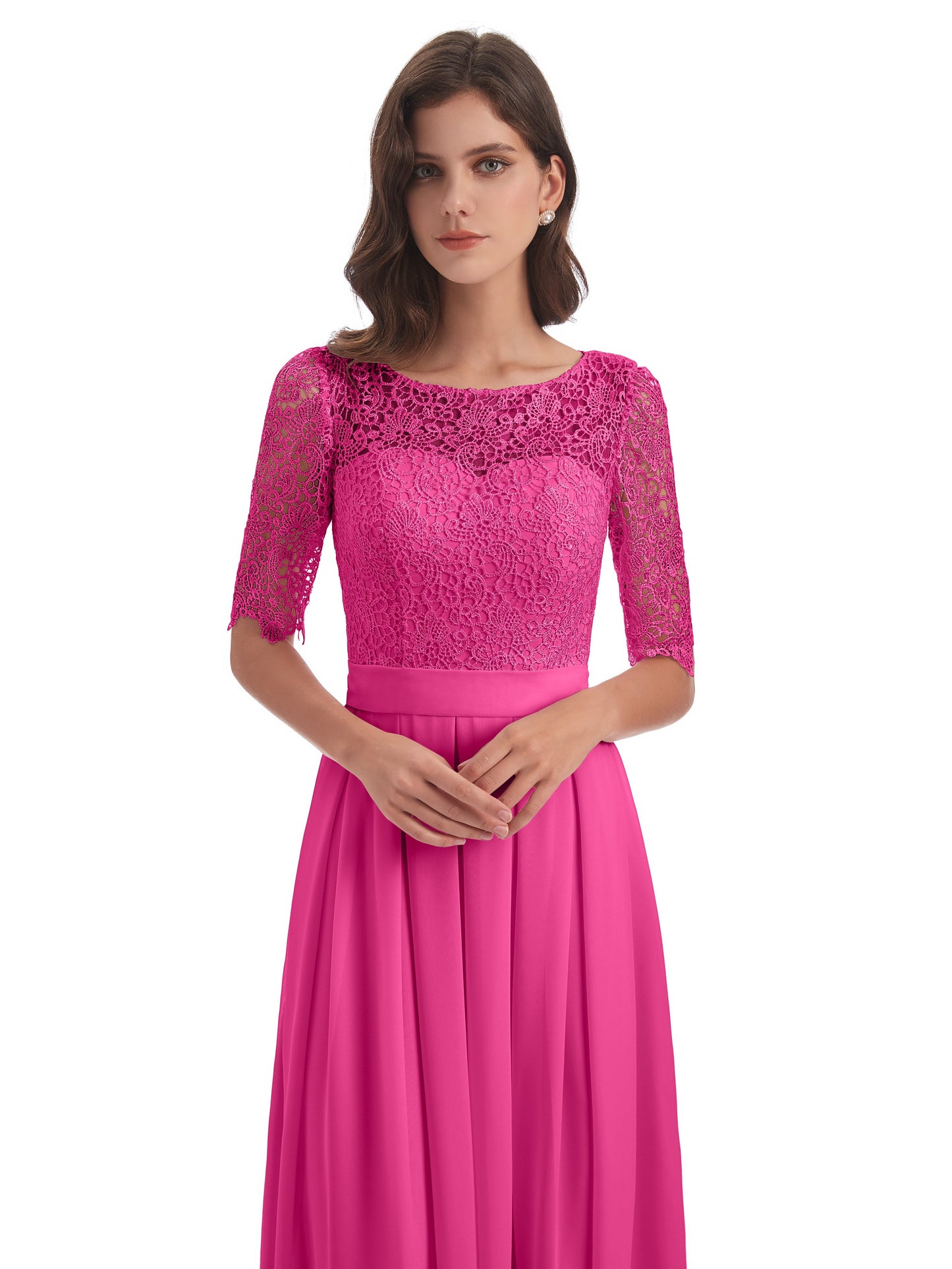 Brielle Illussion Neckline and Back Half Sleeves Scoop Lace Bridesmaid Dresses