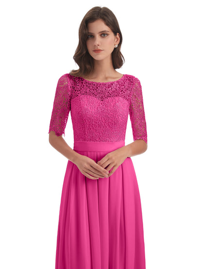Brielle Illussion Neckline and Back Half Sleeves Scoop Lace Bridesmaid Dresses
