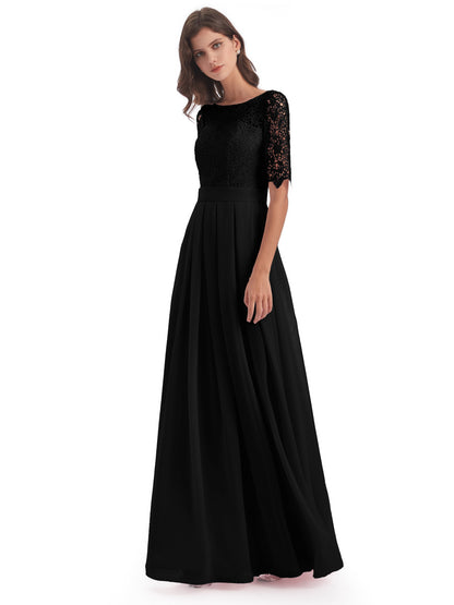 Brielle Illussion Neckline and Back Half Sleeves Scoop Lace Bridesmaid Dresses