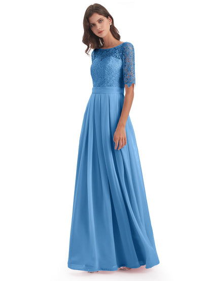 Brielle Illussion Neckline and Back Half Sleeves Scoop Lace Bridesmaid Dresses