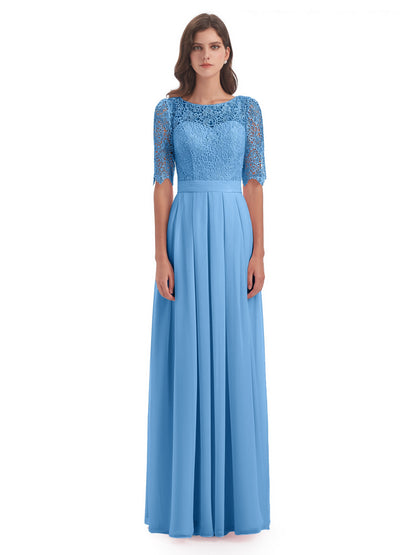 Brielle Illussion Neckline and Back Half Sleeves Scoop Lace Bridesmaid Dresses