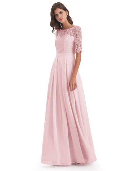 Brielle Illussion Neckline and Back Half Sleeves Scoop Lace Bridesmaid Dresses