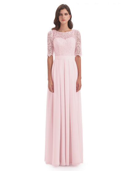 Brielle Illussion Neckline and Back Half Sleeves Scoop Lace Bridesmaid Dresses