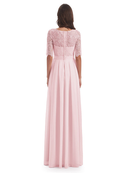 Brielle Illussion Neckline and Back Half Sleeves Scoop Lace Bridesmaid Dresses