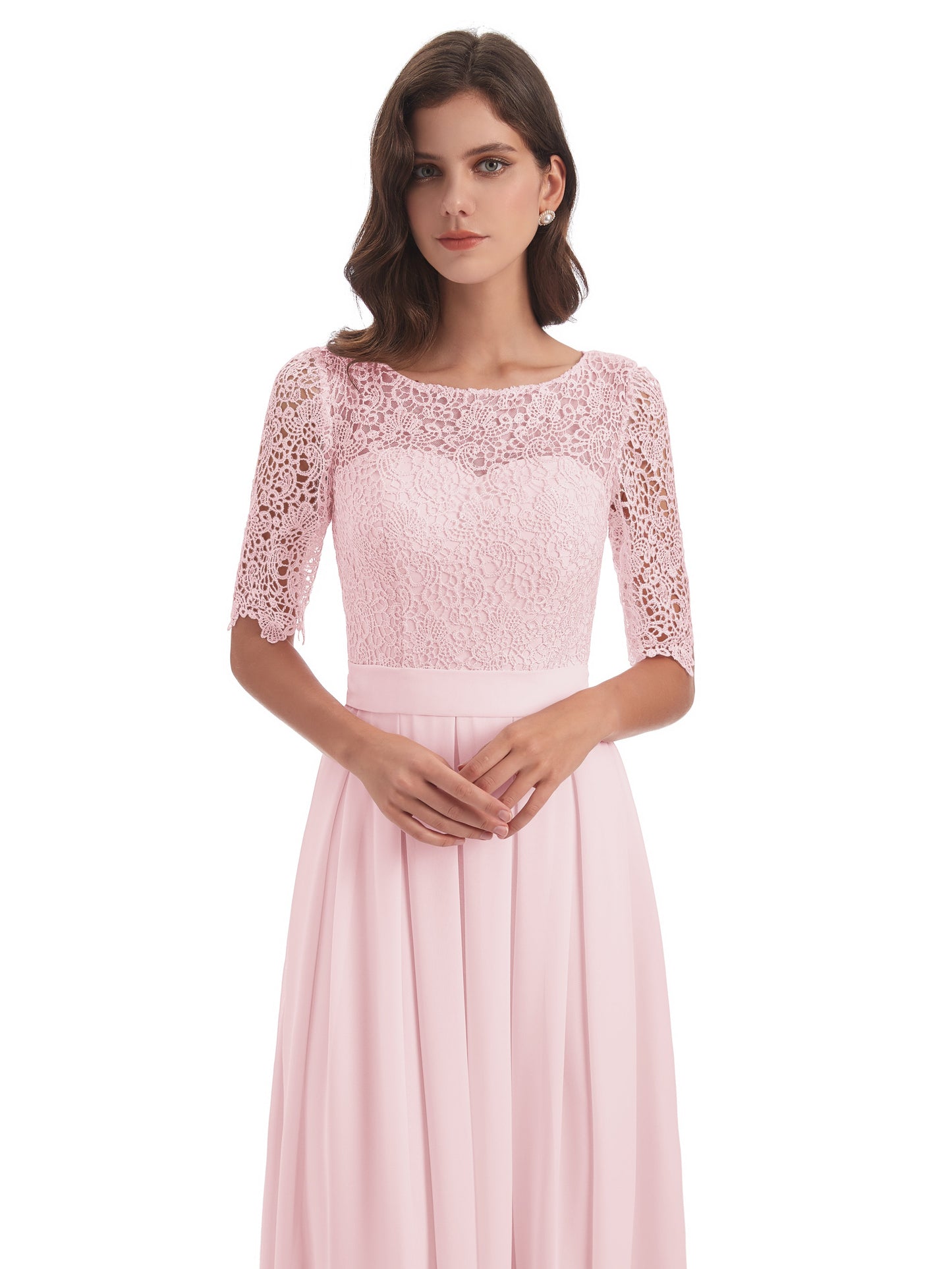 Brielle Illussion Neckline and Back Half Sleeves Scoop Lace Bridesmaid Dresses