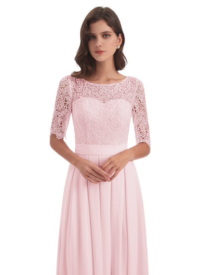 Brielle Illussion Neckline and Back Half Sleeves Scoop Lace Bridesmaid Dresses