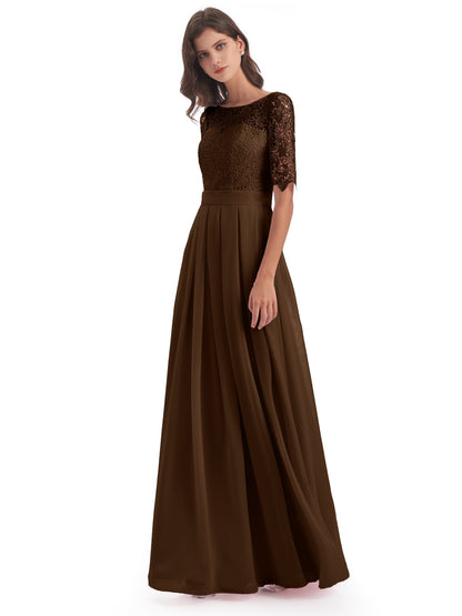 Brielle Illussion Neckline and Back Half Sleeves Scoop Lace Bridesmaid Dresses