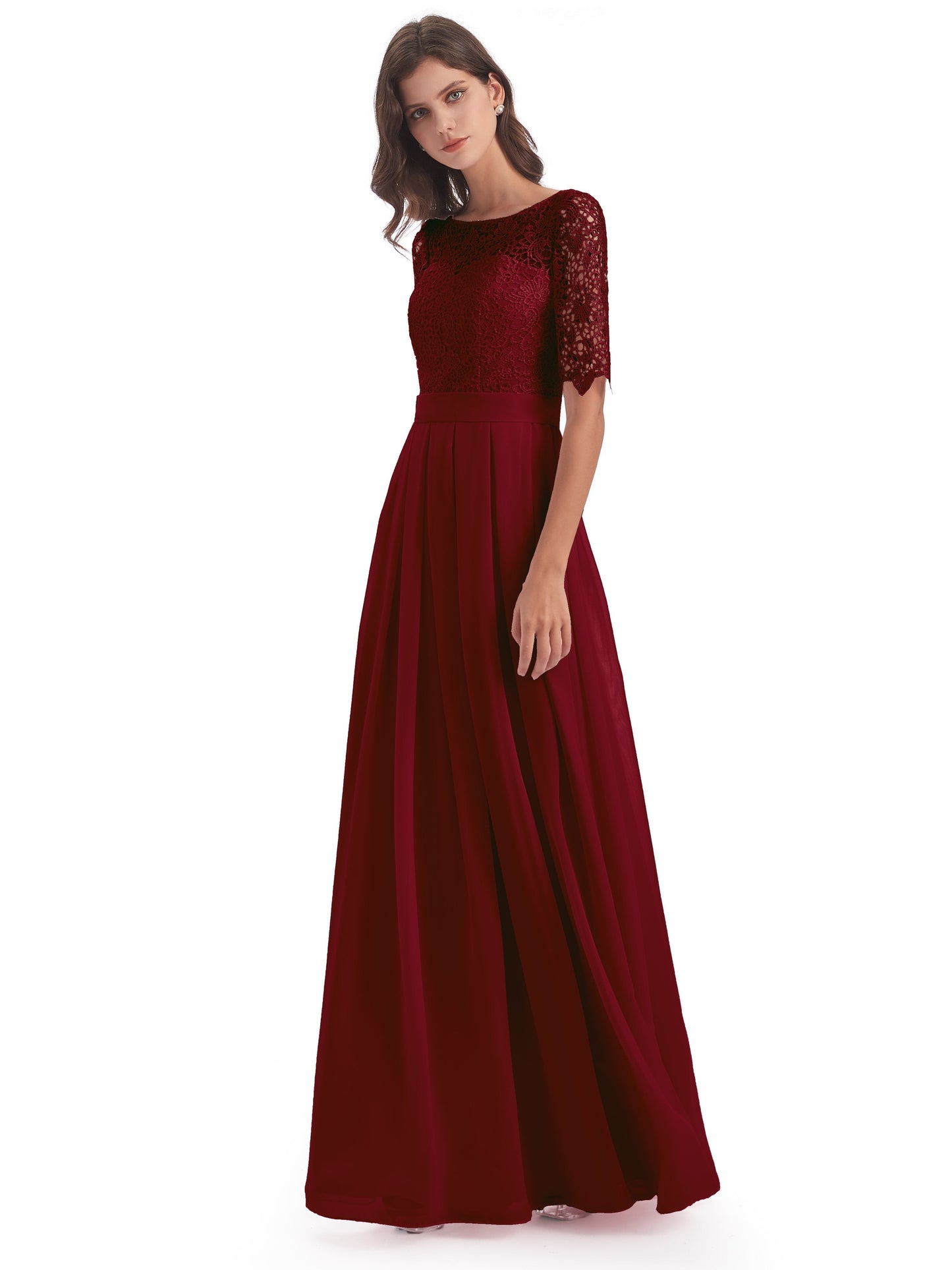 Brielle Illussion Neckline and Back Half Sleeves Scoop Lace Bridesmaid Dresses