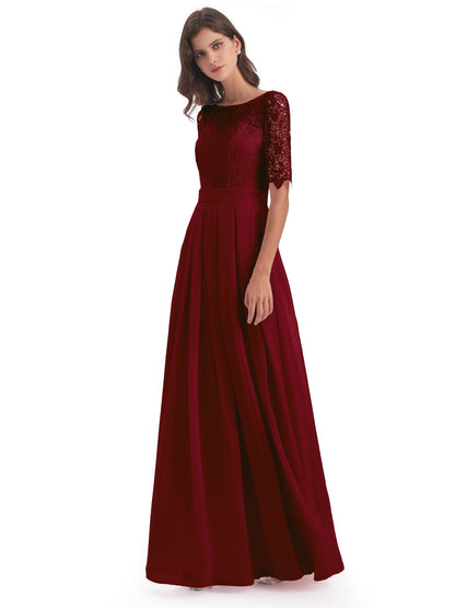 Brielle Illussion Neckline and Back Half Sleeves Scoop Lace Bridesmaid Dresses