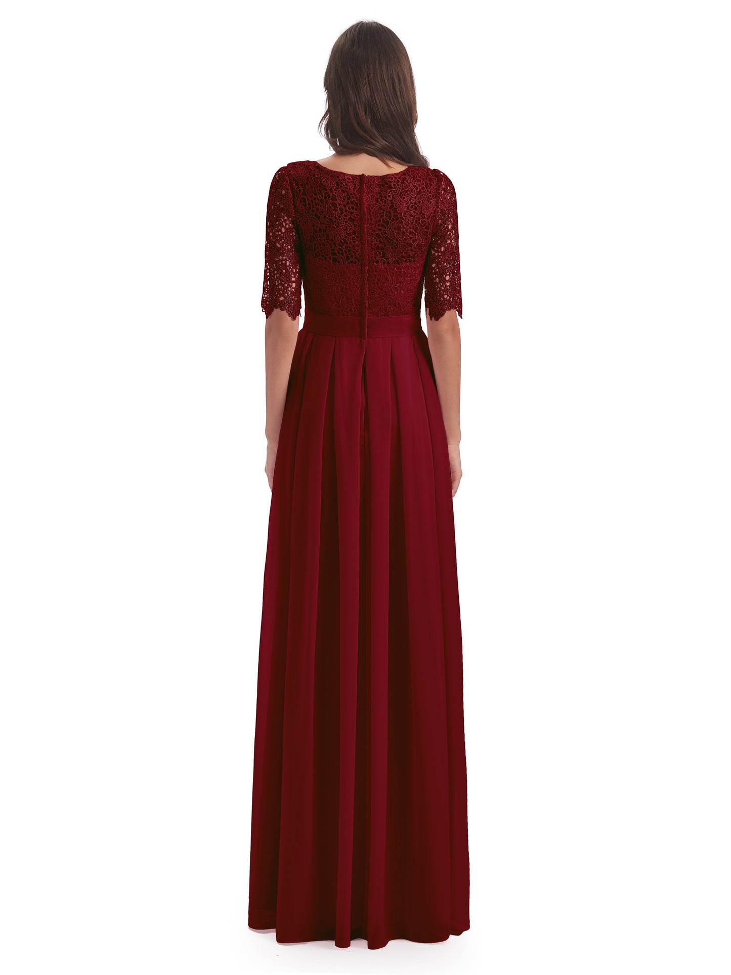 Brielle Illussion Neckline and Back Half Sleeves Scoop Lace Bridesmaid Dresses