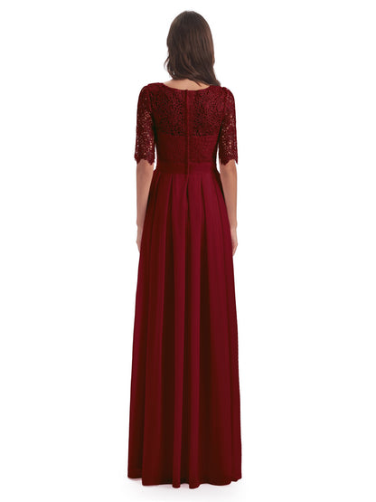Brielle Illussion Neckline and Back Half Sleeves Scoop Lace Bridesmaid Dresses