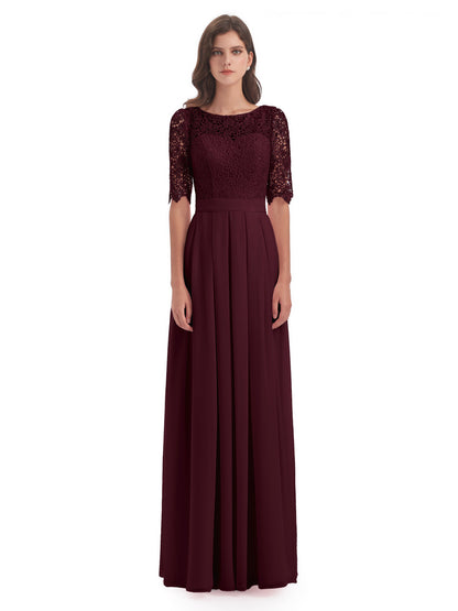 Brielle Illussion Neckline and Back Half Sleeves Scoop Lace Bridesmaid Dresses