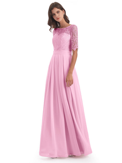 Brielle Illussion Neckline and Back Half Sleeves Scoop Lace Bridesmaid Dresses