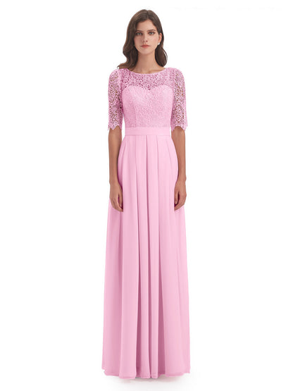 Brielle Illussion Neckline and Back Half Sleeves Scoop Lace Bridesmaid Dresses