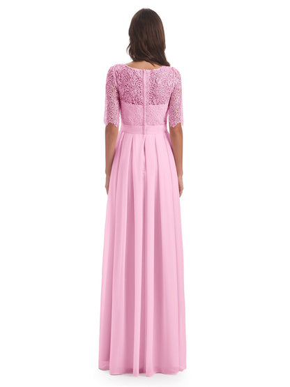 Brielle Illussion Neckline and Back Half Sleeves Scoop Lace Bridesmaid Dresses