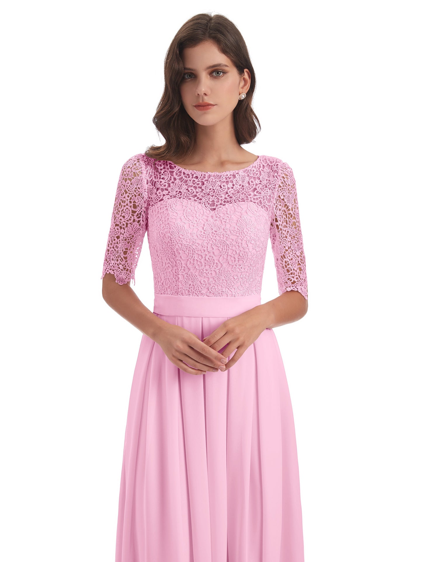 Brielle Illussion Neckline and Back Half Sleeves Scoop Lace Bridesmaid Dresses
