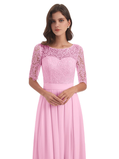 Brielle Illussion Neckline and Back Half Sleeves Scoop Lace Bridesmaid Dresses