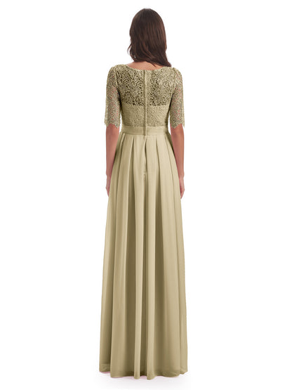 Brielle Illussion Neckline and Back Half Sleeves Scoop Lace Bridesmaid Dresses
