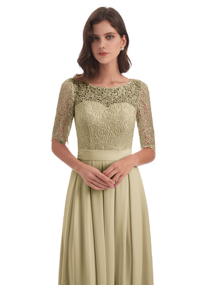 Brielle Illussion Neckline and Back Half Sleeves Scoop Lace Bridesmaid Dresses