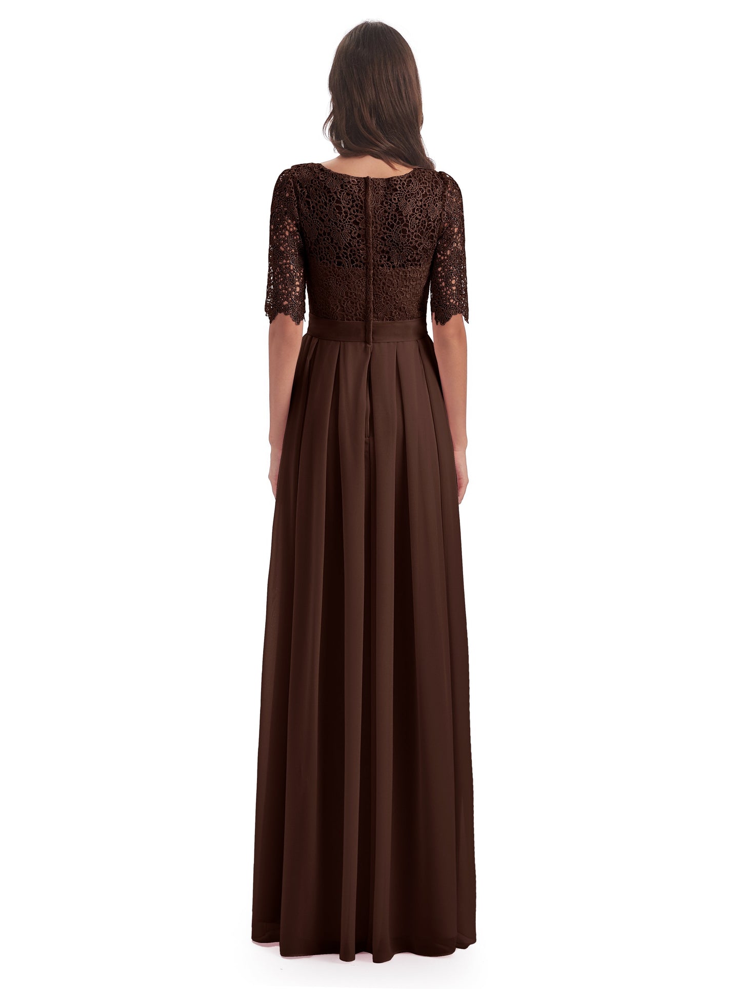 Brielle Illussion Neckline and Back Half Sleeves Scoop Lace Bridesmaid Dresses