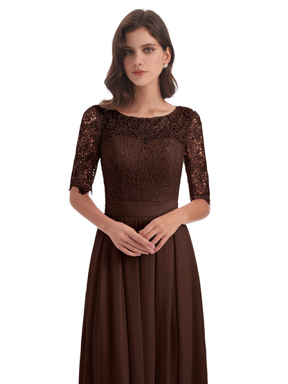 Brielle Illussion Neckline and Back Half Sleeves Scoop Lace Bridesmaid Dresses