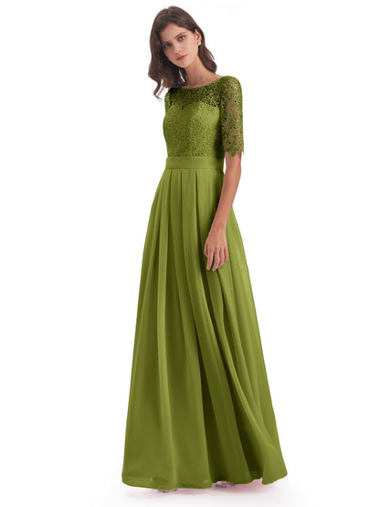 Brielle Illussion Neckline and Back Half Sleeves Scoop Lace Bridesmaid Dresses
