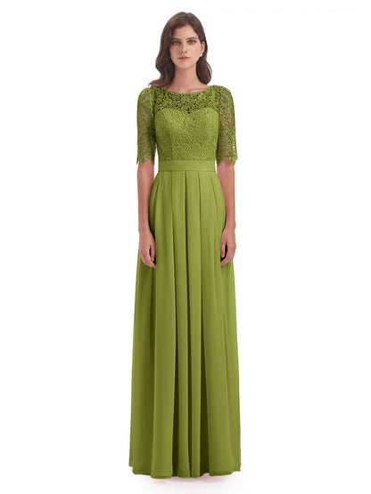Brielle Illussion Neckline and Back Half Sleeves Scoop Lace Bridesmaid Dresses