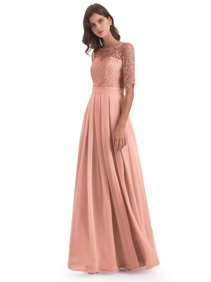 Brielle Illussion Neckline and Back Half Sleeves Scoop Lace Bridesmaid Dresses
