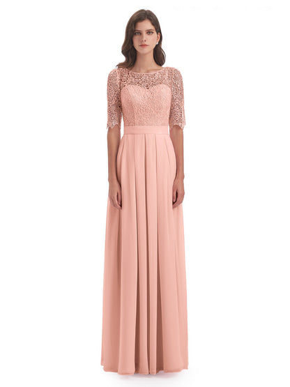 Brielle Illussion Neckline and Back Half Sleeves Scoop Lace Bridesmaid Dresses