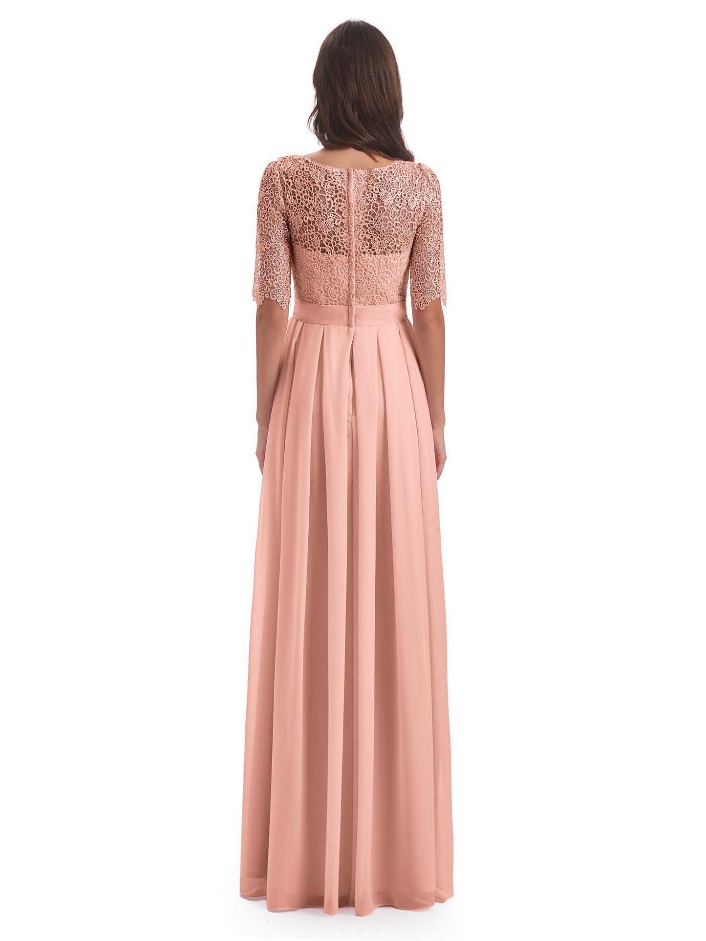 Brielle Illussion Neckline and Back Half Sleeves Scoop Lace Bridesmaid Dresses