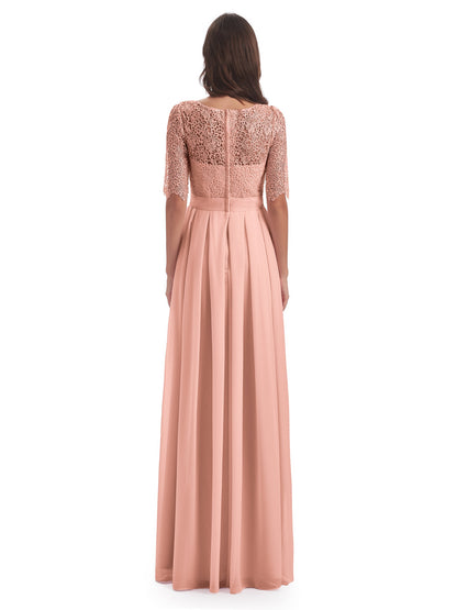 Brielle Illussion Neckline and Back Half Sleeves Scoop Lace Bridesmaid Dresses