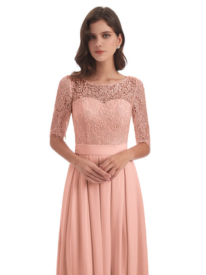 Brielle Illussion Neckline and Back Half Sleeves Scoop Lace Bridesmaid Dresses