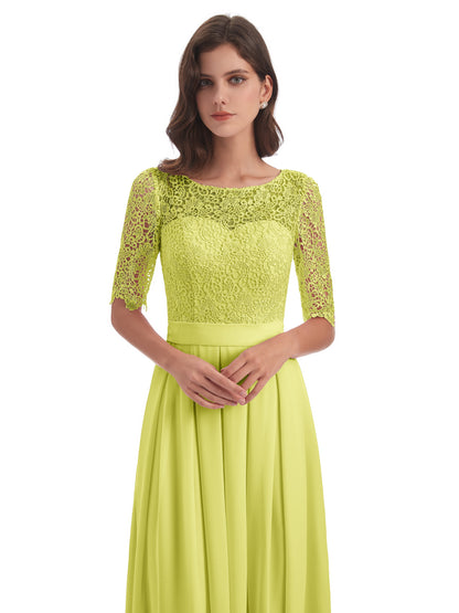 Brielle Illussion Neckline and Back Half Sleeves Scoop Lace Bridesmaid Dresses