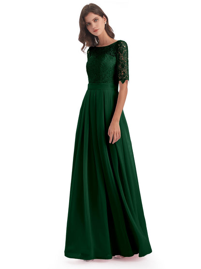 Brielle Illussion Neckline and Back Half Sleeves Scoop Lace Bridesmaid Dresses