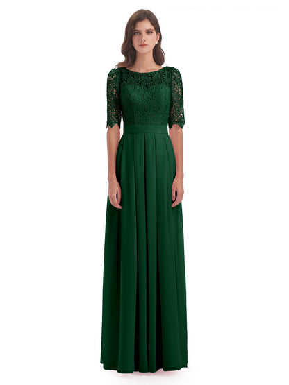 Brielle Illussion Neckline and Back Half Sleeves Scoop Lace Bridesmaid Dresses