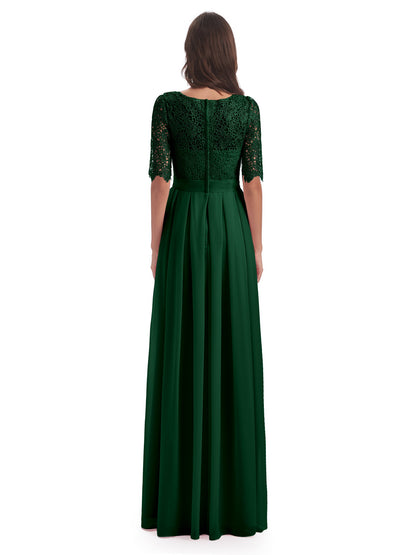 Brielle Illussion Neckline and Back Half Sleeves Scoop Lace Bridesmaid Dresses